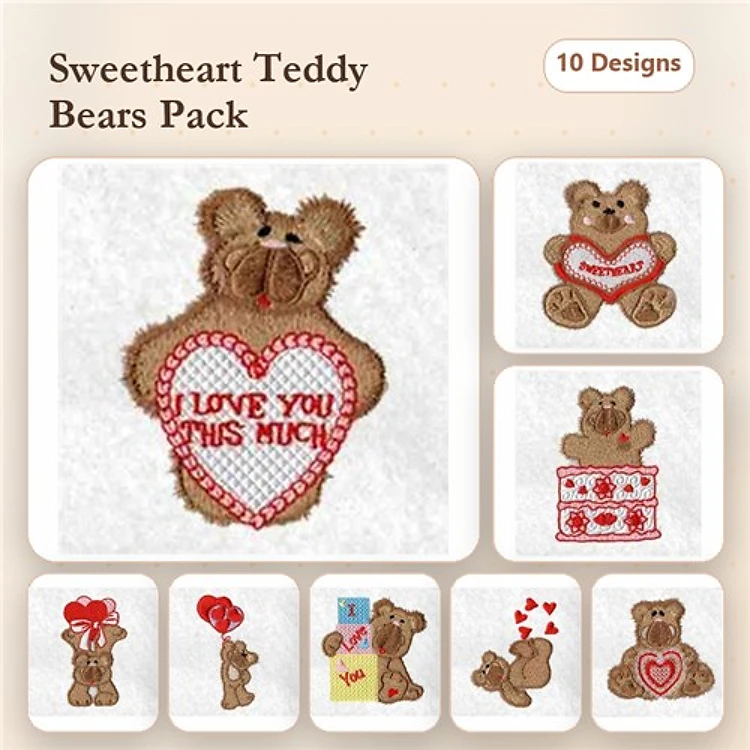Teddy Bears with Hearts Embroidery Designs Bundle – Teddy Bear Holding Gift, Teddy Bear with Flowers & More (10 Designs)