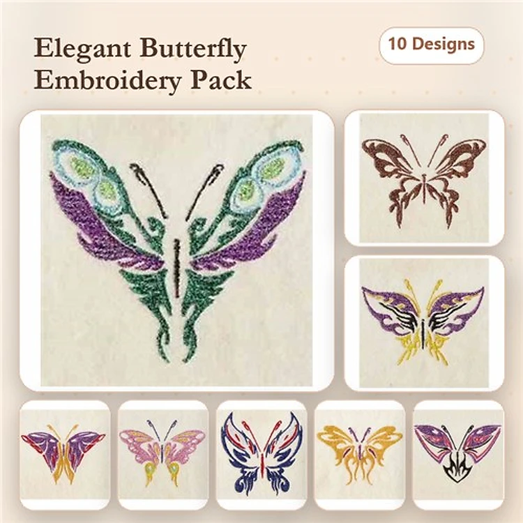 Elegant Butterflies Embroidery Designs Bundle – Colorful Butterfly, Purple Butterfly, Yellow Butterfly & More (10 Designs)