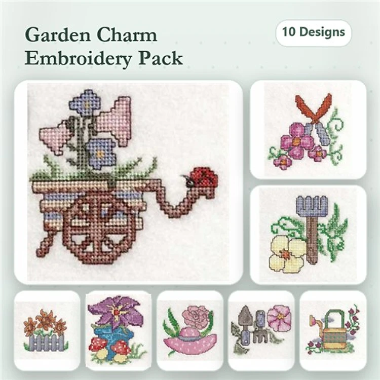 Cross Stitch Garden Embroidery Designs Bundle – Watering Can, Ladybug, Gardening Gloves & More (10 Designs)