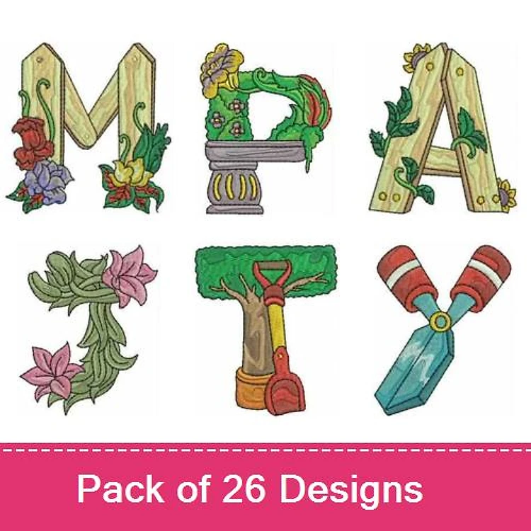 Decorative Alphabet Letters Embroidery Designs Bundle – M with Flowers, P with Vines, A with Planter & More (26 Designs)