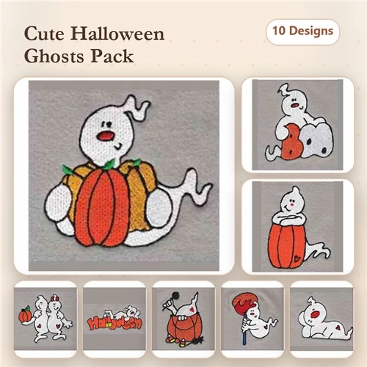 Halloween Ghosts Embroidery Designs Bundle – Ghost with Pumpkin, Ghost Holding Pumpkin, & More (10 Designs)