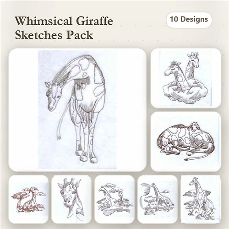 Redwork Whimsical Giraffes Embroidery Bundle – Standing Giraffe, Giraffe with Cloud, Laying Giraffe & More (10 Designs)