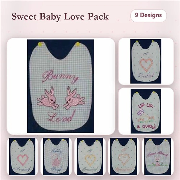 Baby-Themed Bib Embroidery Designs Bundle – Bunny Love, Heart with Love, Baby Love & More (9 Designs)