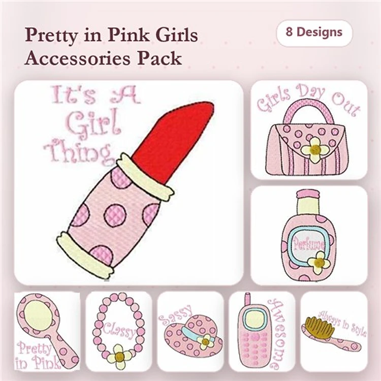 Girl-Themed Accessories Embroidery Bundle – Lipstick, Handbag, Cell Phone & More (8 Designs)
