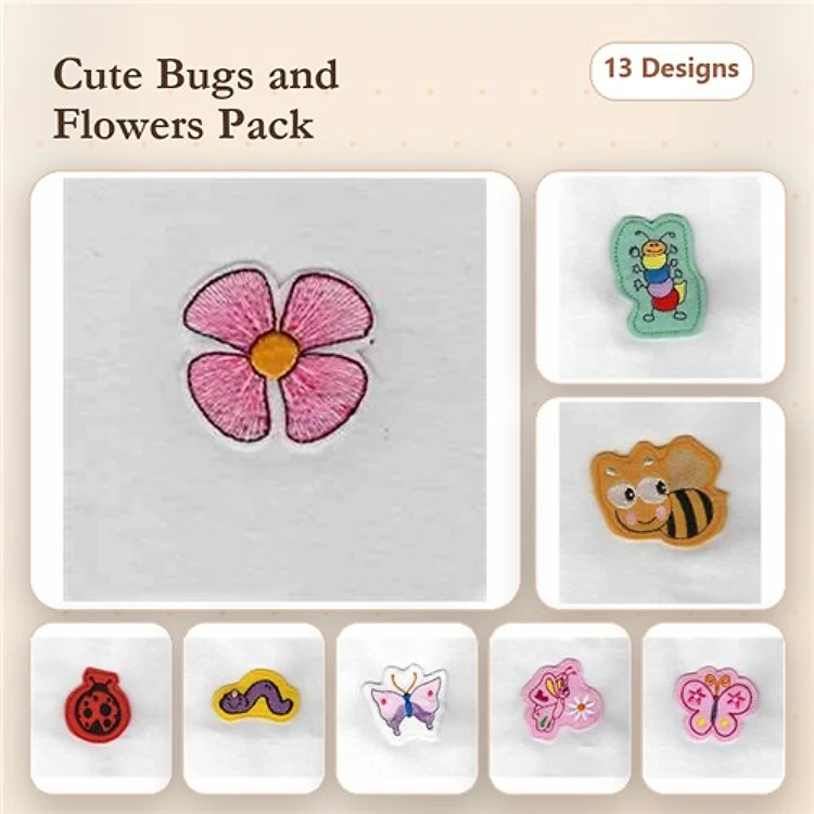 Bugs and Flowers Embroidery Bundle – Pink Flower, Ladybug, Bee, Butterfly & More (13 Designs)
