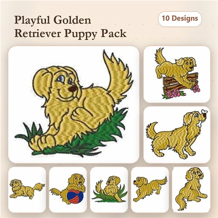 Golden Retriever Embroidery Bundle – Playful Dog Designs (10 Designs)