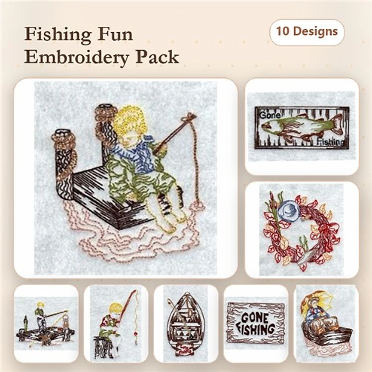 Fishing Themed Embroidery Designs Bundle – Child Fishing, Fishing Rod, Fishing Boat & More (10 Designs)
