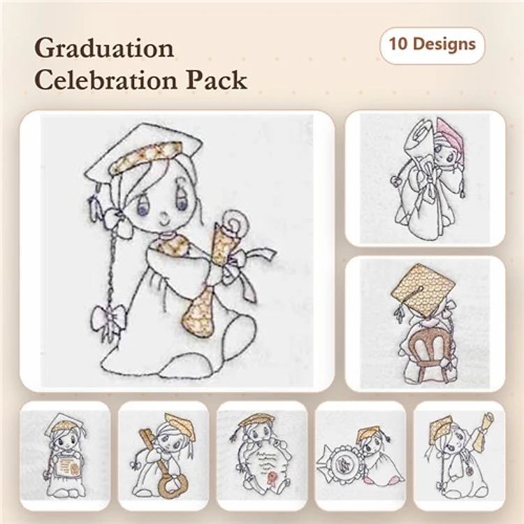 Redwork Graduation Celebration Embroidery Designs Bundle – Graduation Girl with Diploma, Graduation Boy with Cap & More (10 Designs)