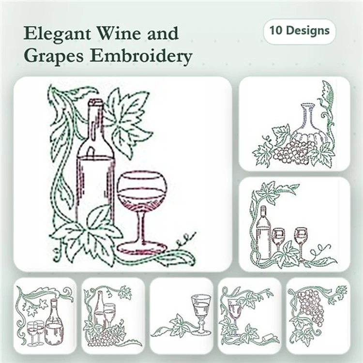 Redwork Wine and Grapes Embroidery Designs Bundle – Wine Bottle, Glass with Grapes, Cluster of Grapes & More (10 Designs)