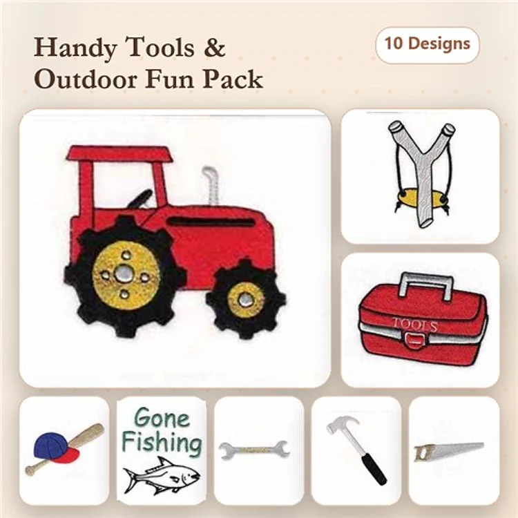 Handy Tools & Outdoor Embroidery Designs Bundle – Red Tractor, Toolbox with Tools, Gone Fishing & More (10 Designs)