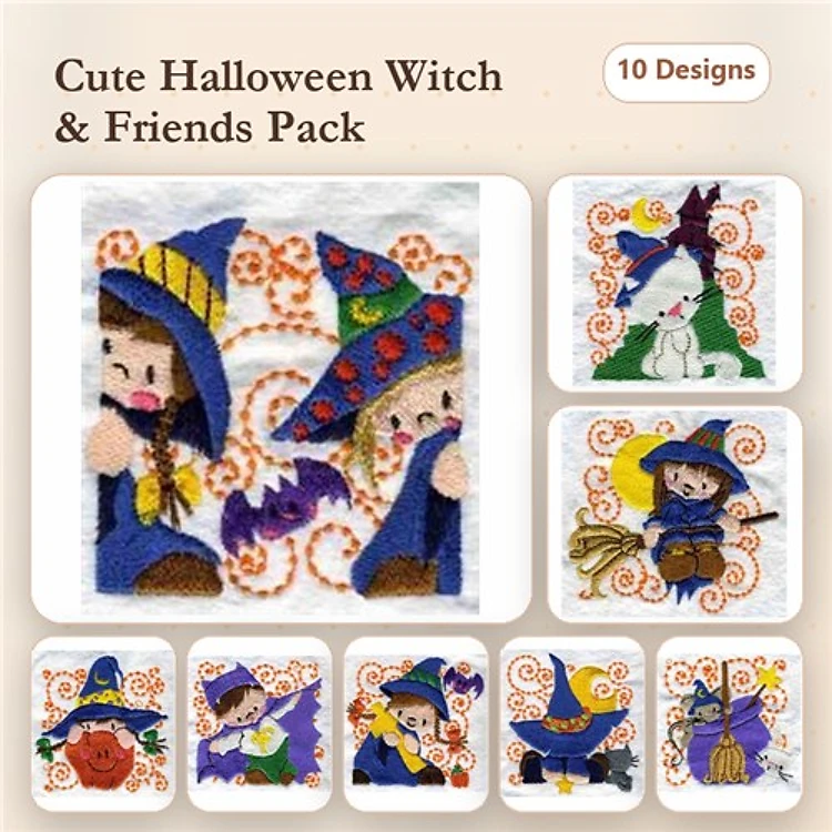 Cute Halloween Witches Embroidery Designs Bundle – Witch with Pumpkin, Cat Witch, Ghost with Witch Hat & More (10 Designs)