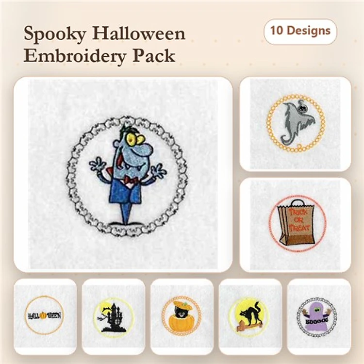 Spooky Halloween Embroidery Bundle – Monster with Glasses, Ghost, Black Cat, Pumpkin & More (10 Designs)