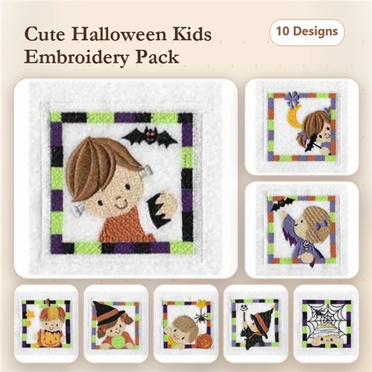 Halloween Kids Embroidery Designs Bundle – Kids in Costume with Bat, Kid with Pumpkin, Kid with Cauldron & More (10 Designs)