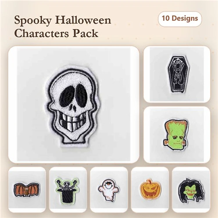 Halloween Characters Embroidery Designs Bundle – Skull, Coffin, Frankenstein & More (10 Designs)