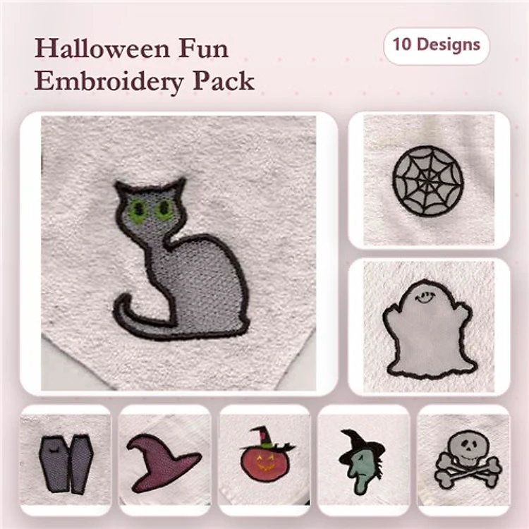 Halloween-Themed Embroidery Designs Bundle – Cat, Ghost, Witch Hat & More (10 Designs)