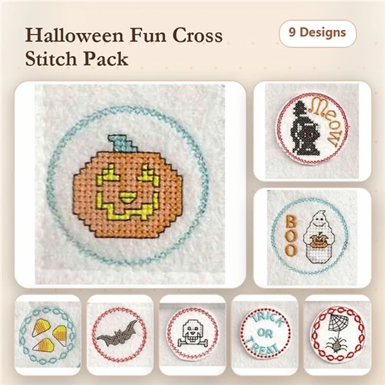 Halloween Embroidery Bundle – Smiling Pumpkin, Bat, Ghost with Cupcake & More (9 Designs)