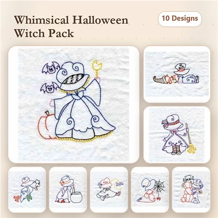 Redwork Whimsical Halloween Witches Embroidery Designs Bundle – Witch with Bats, Witch with Pumpkin, Witch Carrying Broom & More (10 Designs)