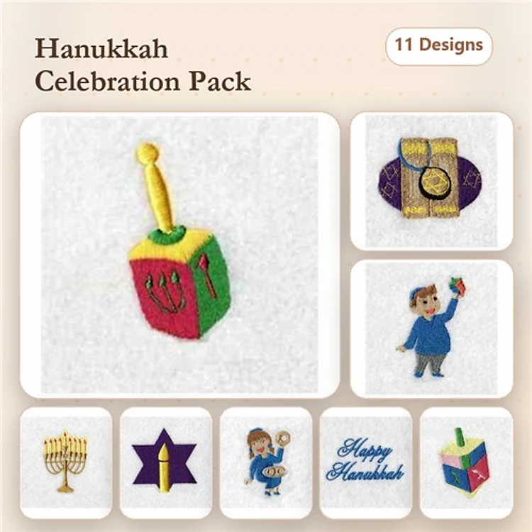 Hanukkah Celebration Embroidery Designs Bundle – Dreidel, Menorah, Gift Box & More (11 Designs)
