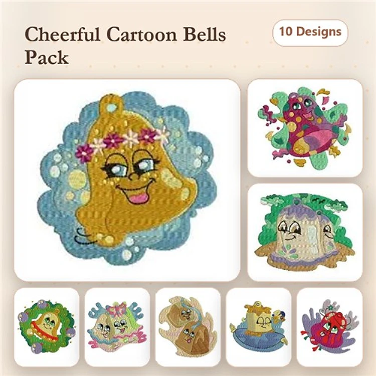 Cartoon Bell Characters Embroidery Designs Bundle – Happy Bell, Jolly Bell, Surprised Bell & More (10 Designs)