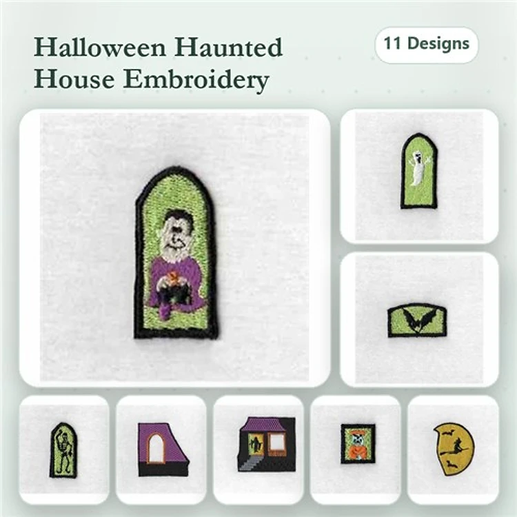 Halloween Haunted House Embroidery Designs Bundle – Ghost in Window, Vampire with Pumpkin, Bat Silhouette & More (11 Designs)