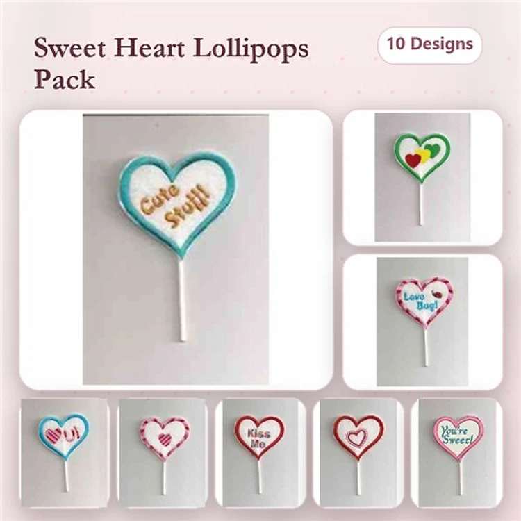 Heart Lollipop Embroidery Designs Bundle – Cute Stuff, Love You, Kiss Me & More (10 Designs)