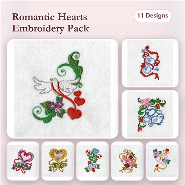 Romantic Heart Embroidery Designs Bundle – Doves with Hearts, Heart with Flowers, Swirling Heart & More (11 Designs)