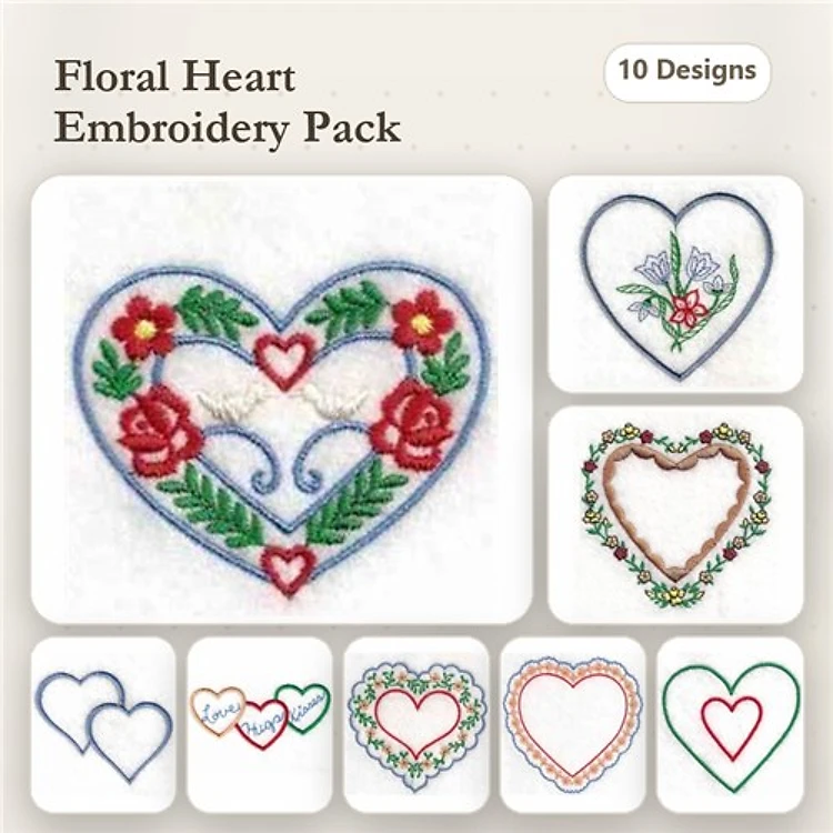 Floral Heart Embroidery Designs Bundle – Heart with Flowers, Decorative Heart with Floral, & More (10 Designs)