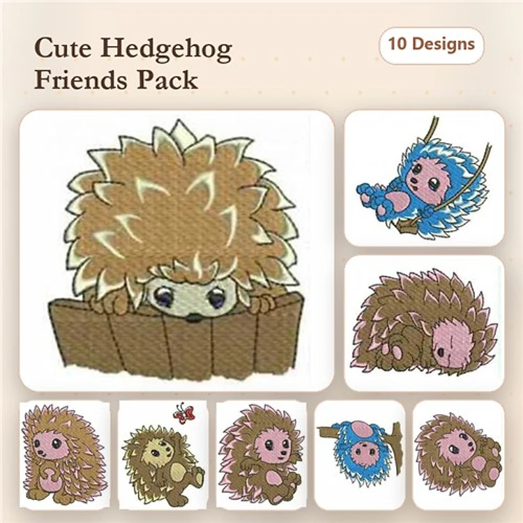 Cute Hedgehog Characters Embroidery Bundle – Hedgehog in Basket, Hedgehog with Flowers, Sleepy Hedgehog & More (10 Designs)