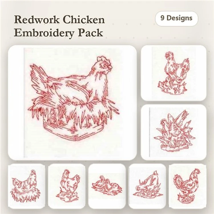 Redwork Chicken Embroidery Bundle – Chicken Nesting, Rooster on Nest, Hen and Chicks & More (9 Designs)