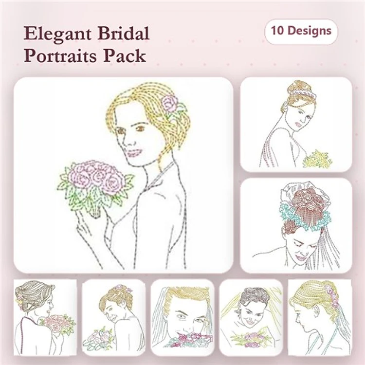 Redwork Bridal Portrait Embroidery Bundle – Bride with Bouquet, Bride in Veil, Bride with Updo & More (10 Designs)