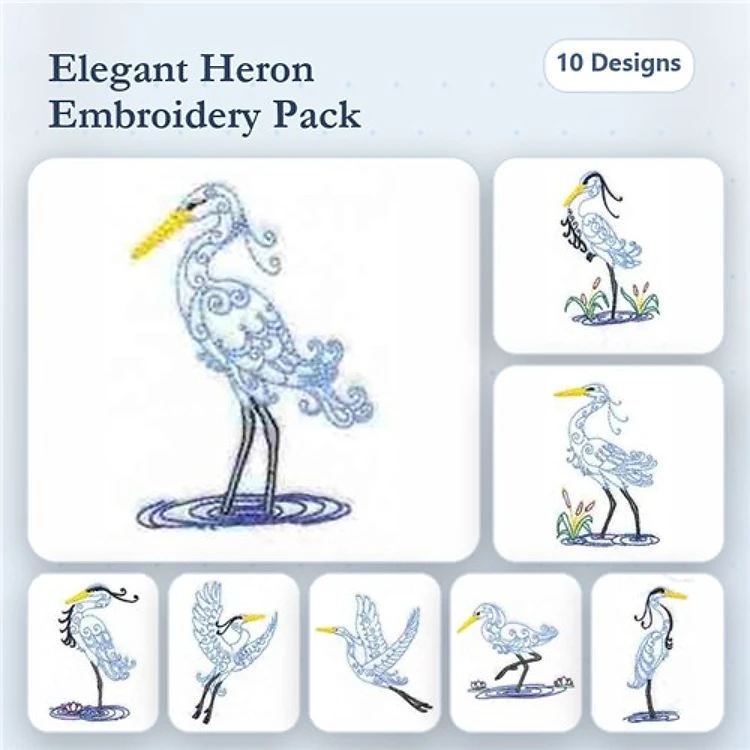 Elegant Heron Embroidery Designs Bundle – Heron Standing, Heron Fishing, Heron in Flight & More (10 Designs)