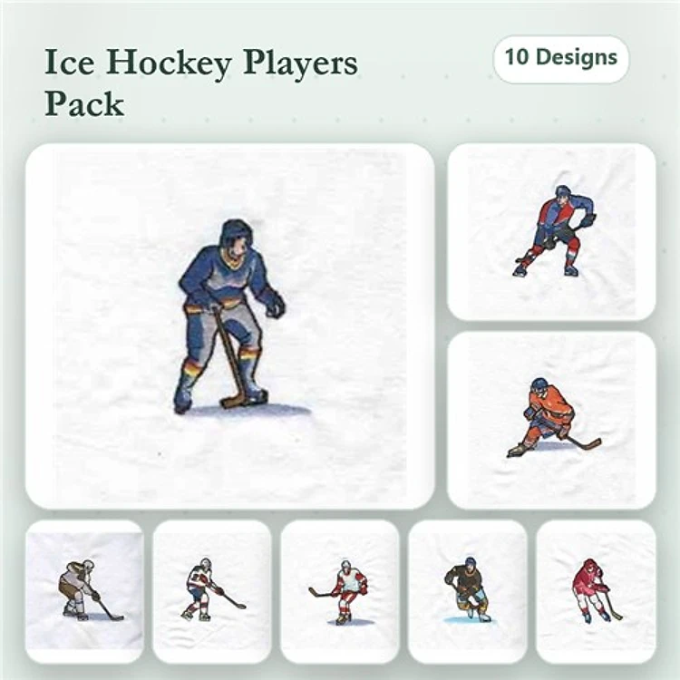 Ice Hockey Players Embroidery Designs Bundle – Hockey Player in Blue Jersey, Red Jersey, with Stick & More (10 Designs)