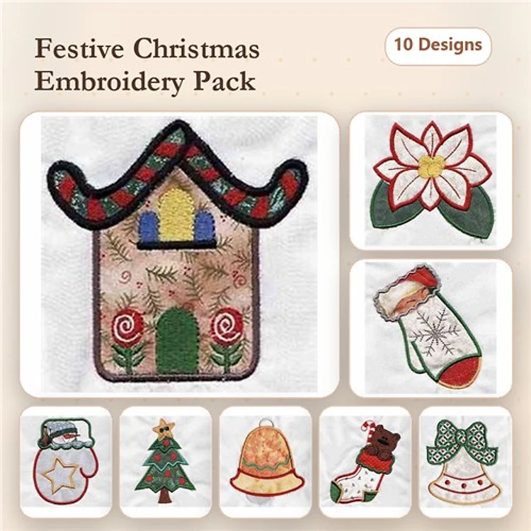 Applique Festive Christmas Embroidery Bundle – Christmas House, Poinsettia, Snowman & More (10 Designs)
