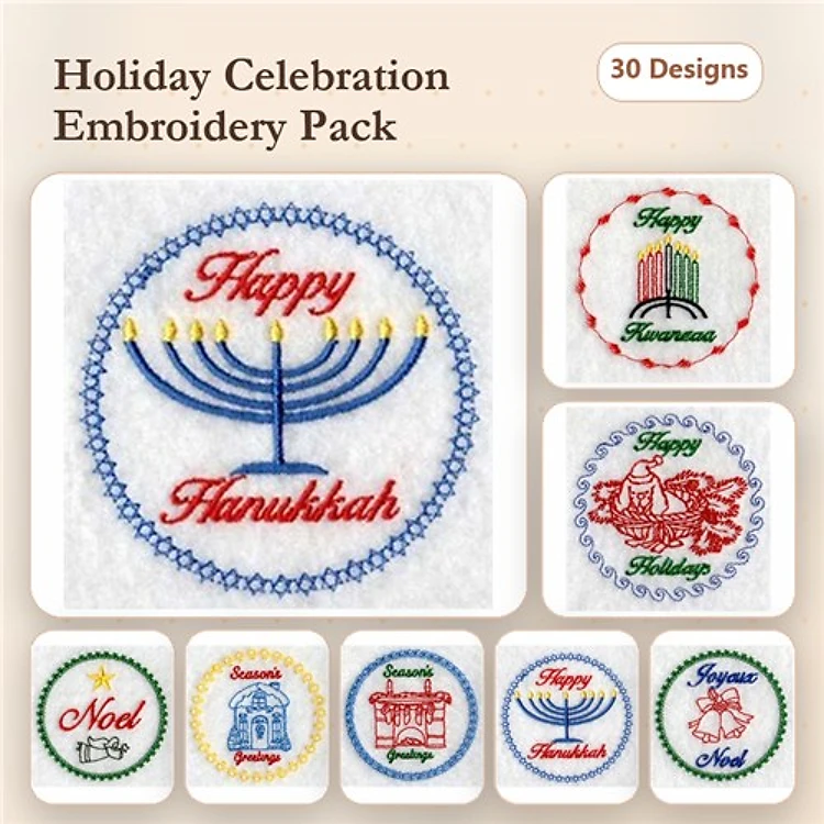 Hanukkah Celebration Embroidery Designs Bundle – Happy Hanukkah Menorah, Holiday Greetings, & More (30 Designs)