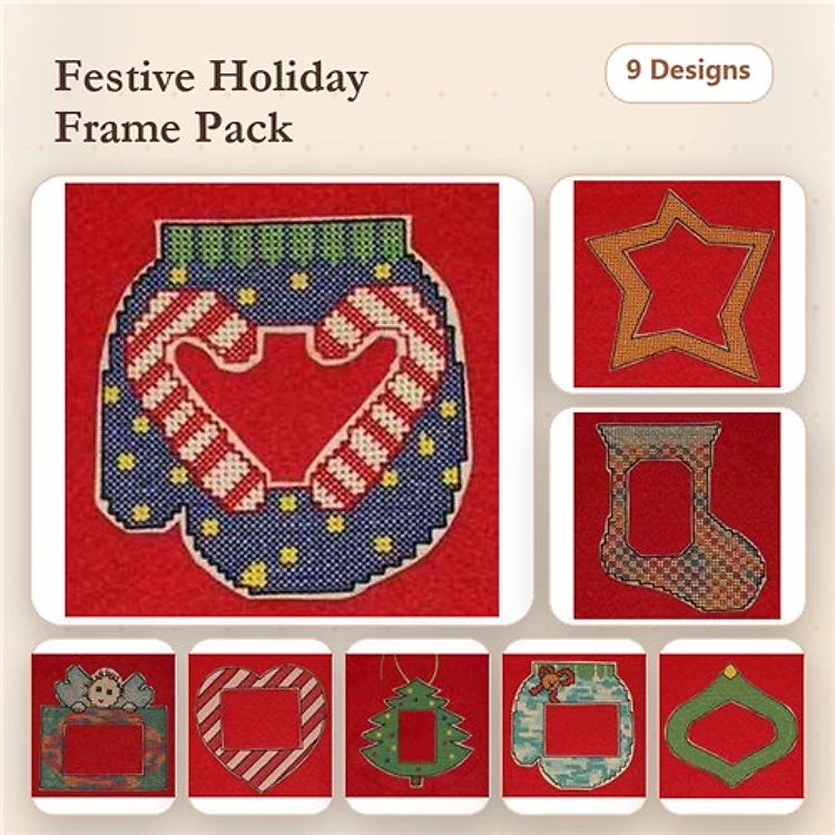 Festive Holiday-Themed Frames Embroidery Designs Bundle – Sweater Frame, Star Frame, Stocking Frame & More (9 Designs)