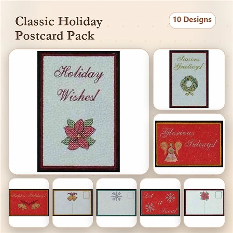 Holiday Postcards Embroidery Designs Bundle – Poinsettia, Christmas Wreath, Angel & More (10 Designs)