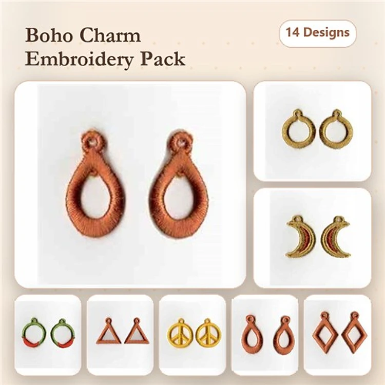 FSL Boho Charm Embroidery Designs Bundle – Open Teardrop Charm, Crescent Moon Charm, & More (14 Designs)