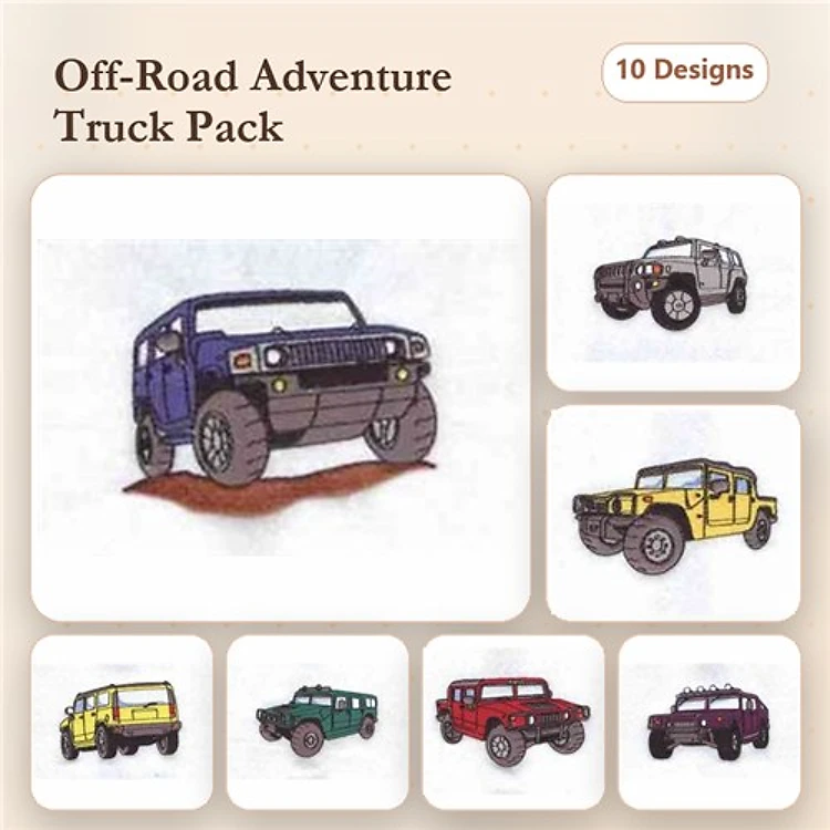 Off-Road Trucks Embroidery Bundle – Blue, Gray, Yellow, Red & More (10 Designs)