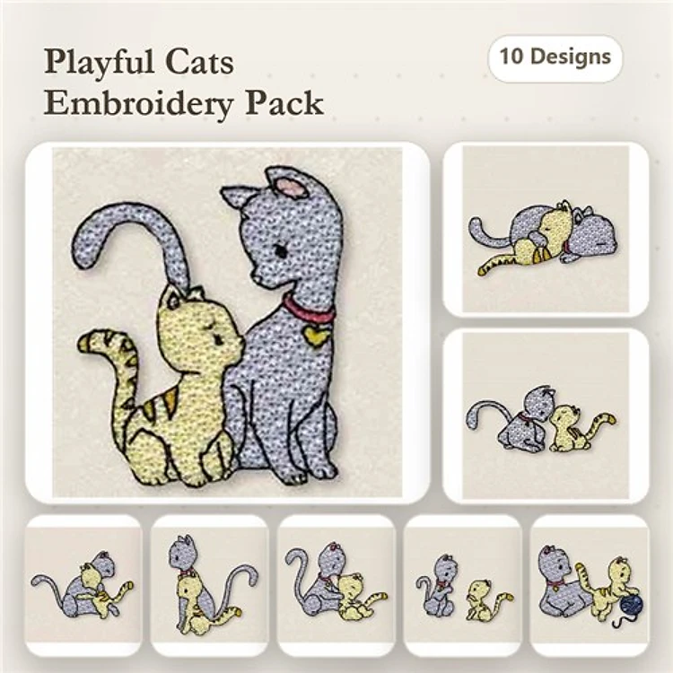 Cats Embroidery Bundle – Gray Cat with Collar, Yellow Cat Playing, Two Cats Together & More (10 Designs)
