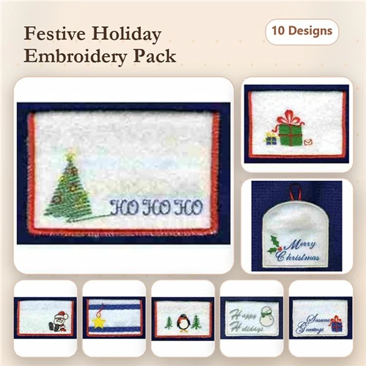 Festive Holiday Themes Embroidery Designs Bundle – Christmas Tree, Gift Box, Merry Christmas Ornament & More (10 Designs)