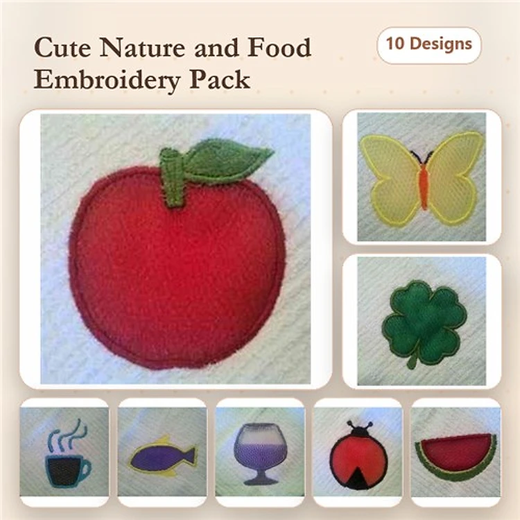 Applique Nature & Food Embroidery Designs Bundle – Apple, Butterfly, Clover, & More (10 Designs)