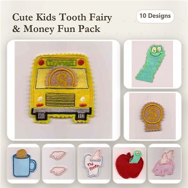 Kids Tooth Fairy & Money Fun Embroidery Designs Bundle – School Bus with Coin, Money Sock Puppet, Piggy Bank & More (10 Designs)