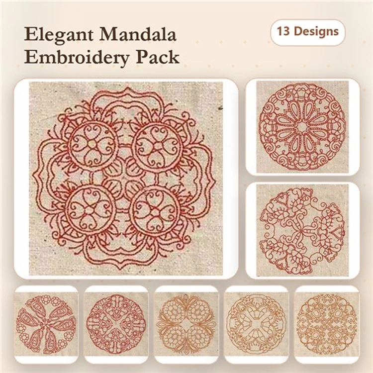 Redwork Elegant Mandala Embroidery Designs Bundle – Mandala Design 1, Mandala Design 2, Mandala Design 3 & More (13 Designs)
