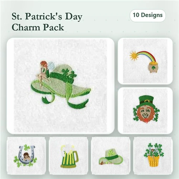 St. Patrick's Day Embroidery Designs Bundle – Leprechaun on Hat, Rainbow, Beer Mug & More (10 Designs)