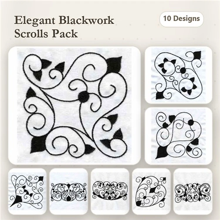 Redwork Elegant Blackwork Scrolls Embroidery Designs Bundle – Ornate Scroll with Leaves, Curly Scroll with Blossoms & More (10 Designs)