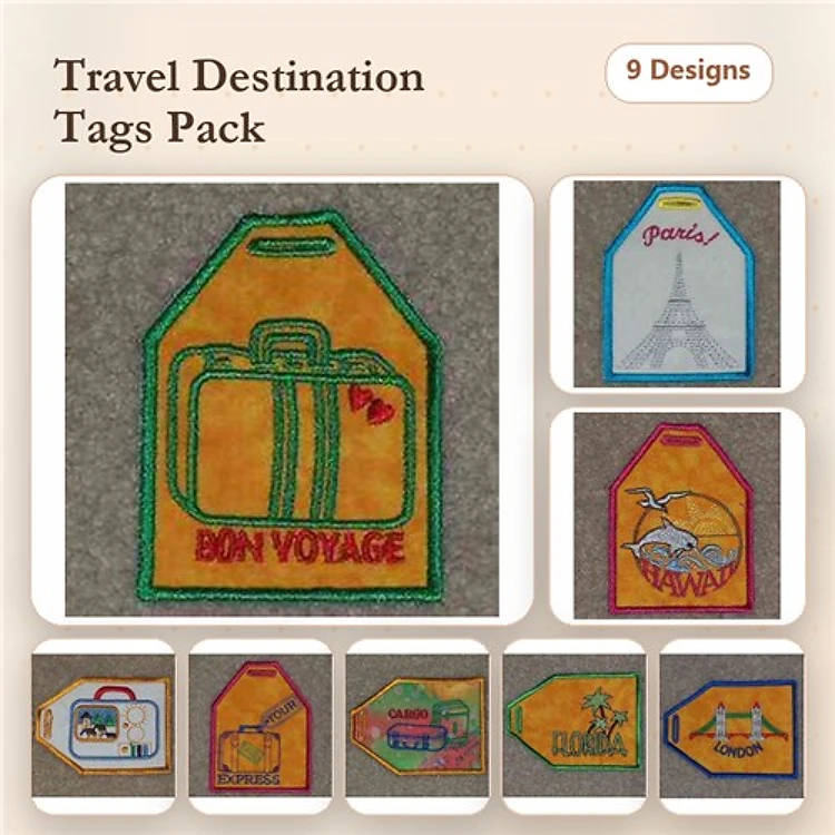 ITH Travel Destination Tags Embroidery Designs Bundle – Bon Voyage Luggage Tag, Eiffel Tower Tag, Panda Tag & More (9 Designs)