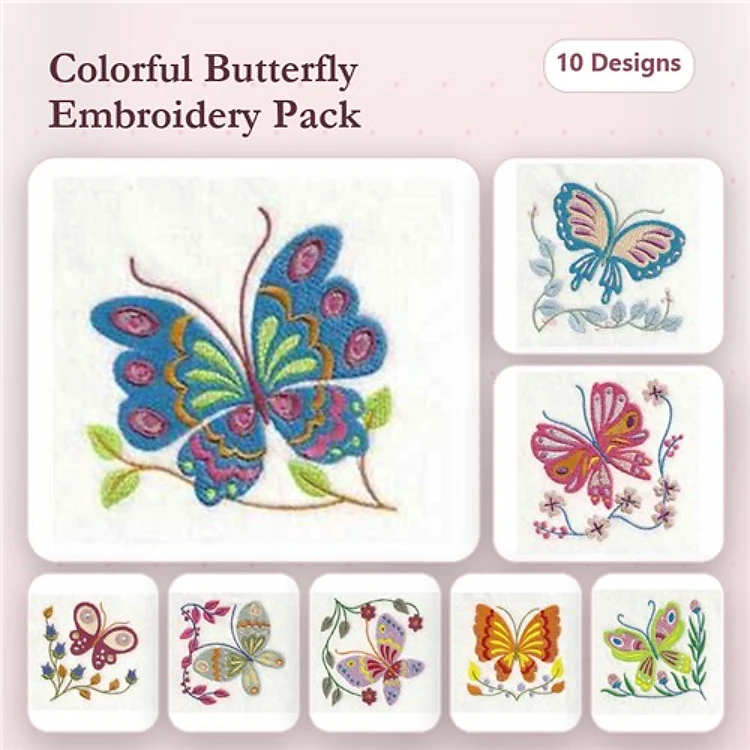 Colorful Butterflies Embroidery Designs Bundle – Large Colorful Butterfly, Blue Butterflies with Flowers, Pink Butterfly with Floral Accents & More (10 Designs)