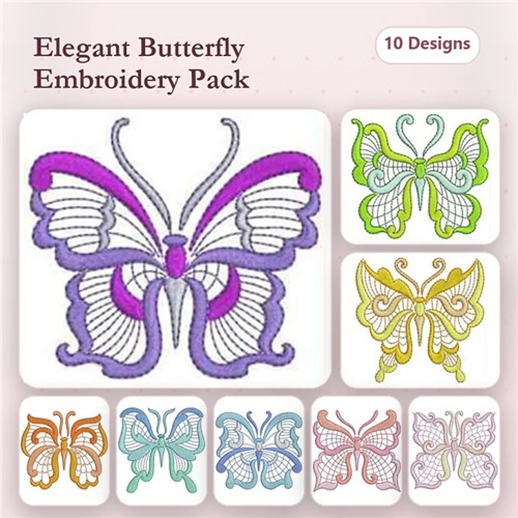 Elegant Butterfly Embroidery Designs Bundle – Purple, Green, Yellow & More (10 Designs)