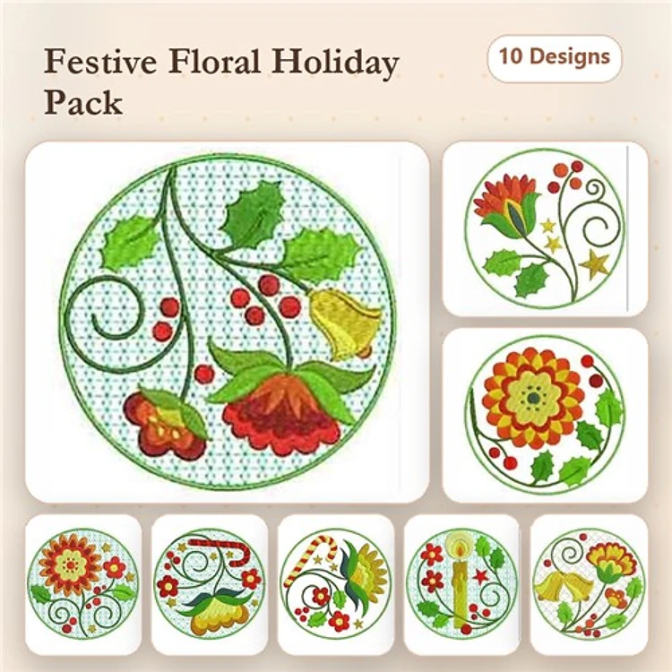 Floral Holiday Embroidery Designs Bundle – Floral Wreath, Holly and Berries, & More (10 Designs)