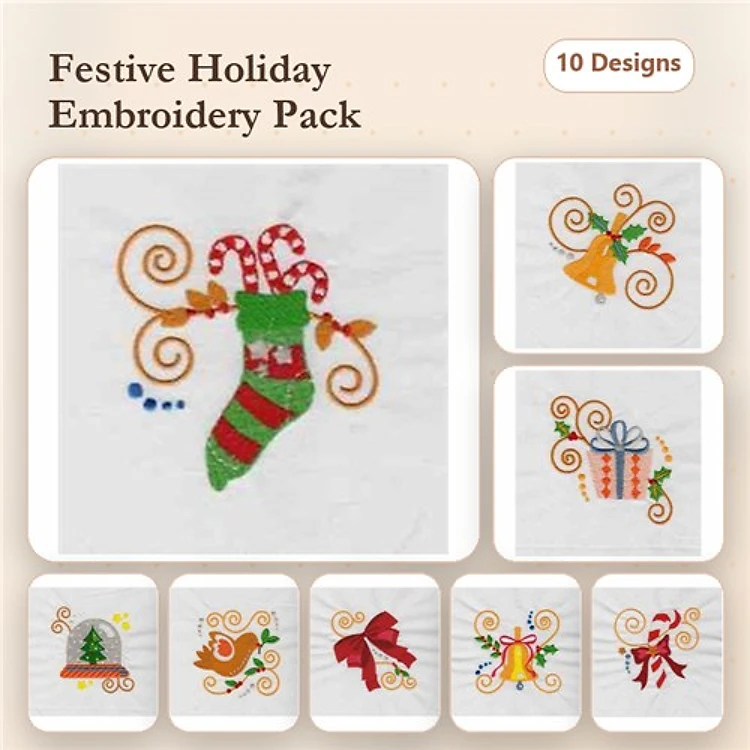 Festive Holiday Designs Embroidery Bundle – Christmas Stocking, Holiday Bell, Gift Box, Candy Cane & More (10 Designs)